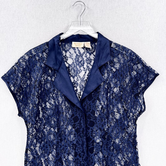 VINTAGE VICTORIAS SECRET Gold Label Lace Top Women Medium Navy Blue Short Sleeve - Picture 4 of 12